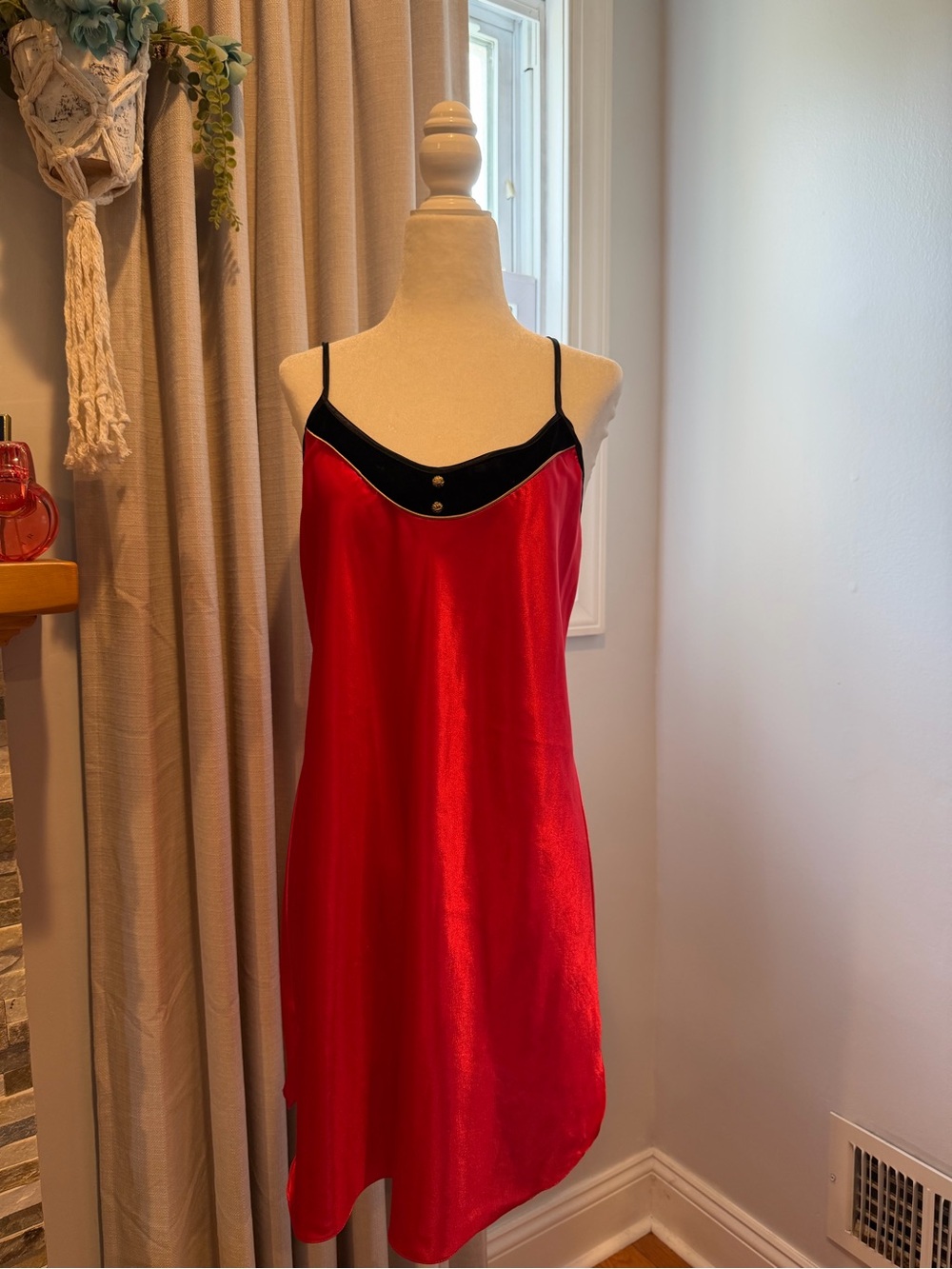 Vintage 90s Sears Inner Most Red Black Trim Slip Dress Medium